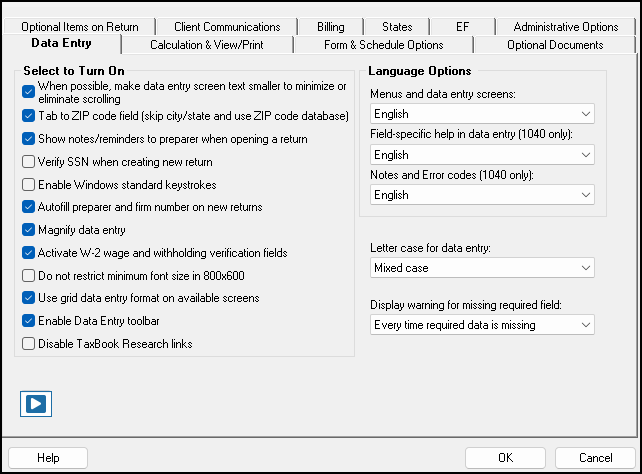 Image of Setup > Options > Data Entry tab